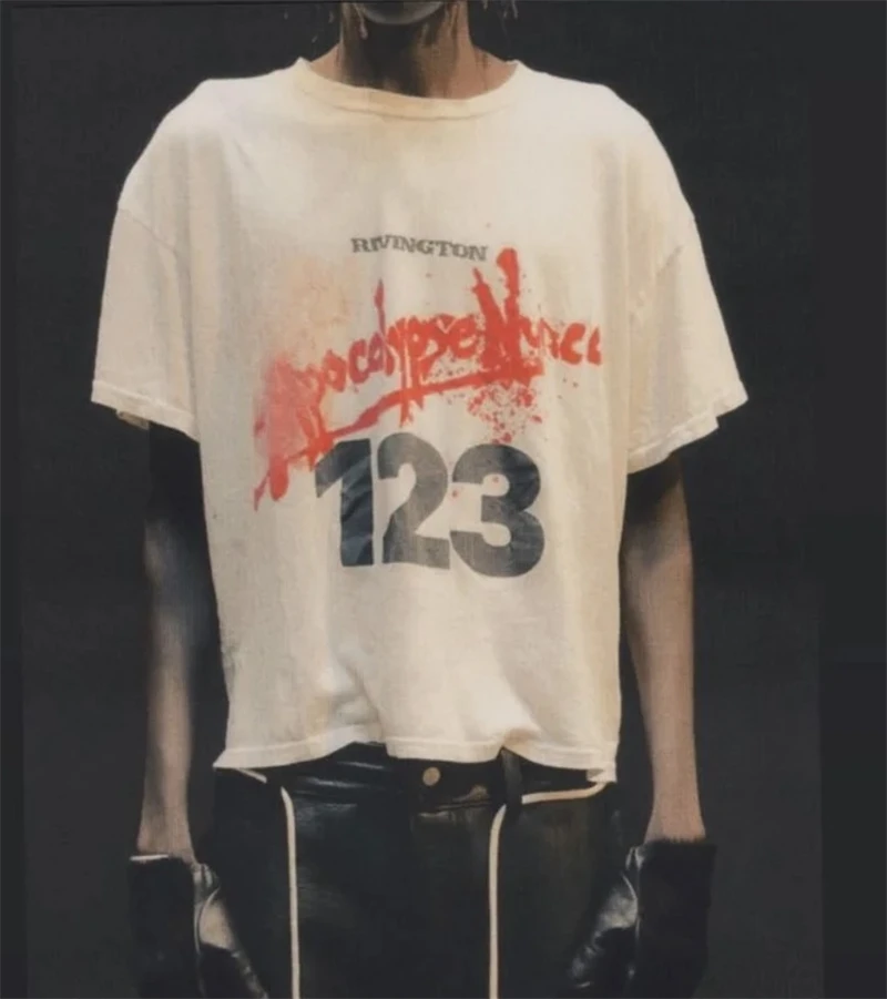 

Summer Vintage New RRR123 Letter Pattern Printed Washed Short Sleeved High Street Casual Loose Cotton Oversize T-shirt Trendy