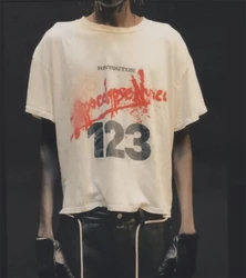 Summer Vintage New RRR123 Letter Pattern Printed Washed Short Sleeved High Street Casual Loose Cotton Oversize T-shirt Trendy