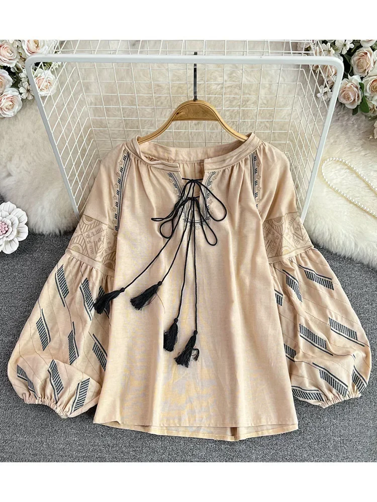 Women Spring Blouse Vintage Ethnic Style Lantern Long Sleeve V-Neck Loose Embroidery Pullover Shirt Foreigner Top D3318