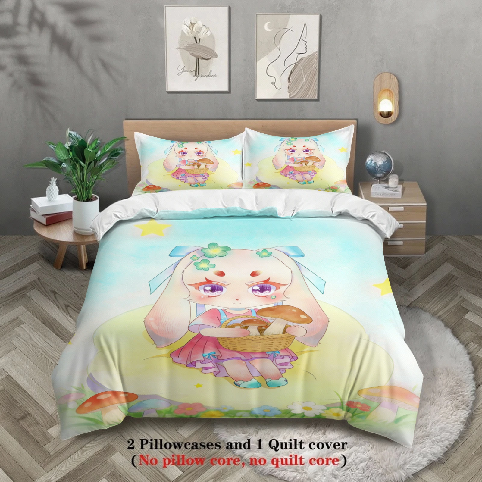 Softville Cozy Town 3PCS Bedding Sets Lop Rabbit Picking Mushroom Pinted Duvet Cover No filling Cartoon Style Queen King Size