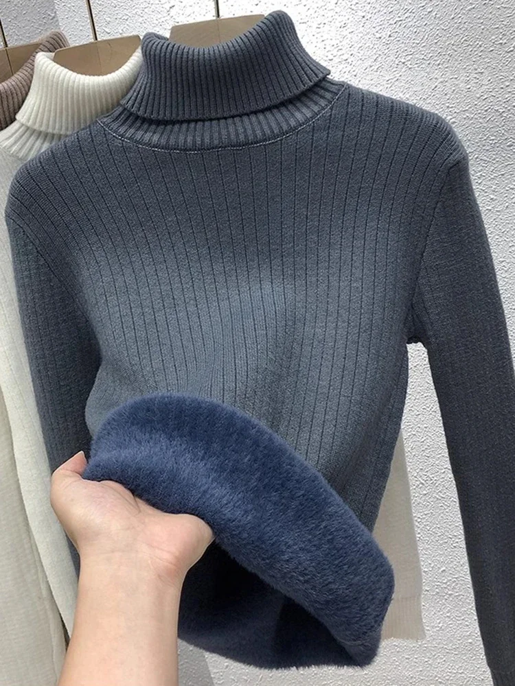 Warm Knit Pullover New Thicken Turtleneck Sweater For Winter Women Casual Slim Plush Lined Soft Long Sleeve Knitwear Jumper Tops