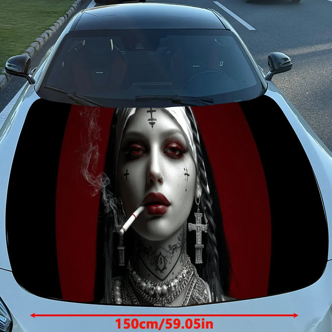 Cool Smoking Figure Religious Nuns PVC Car Hood Wraps, Self-Adhesive Waterproof Car Bonnet Decal Sticker, Car Decoration Protect