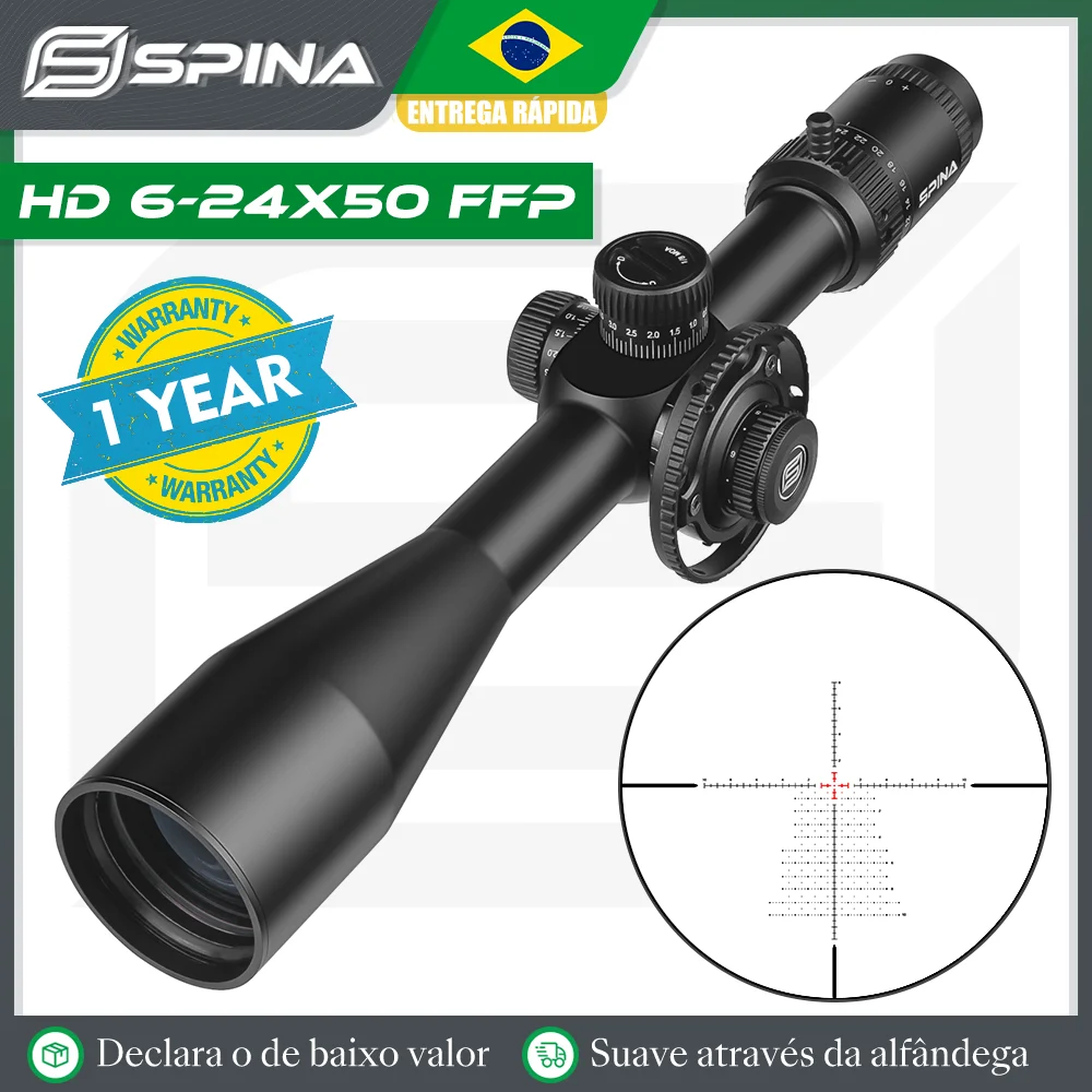 

SPINA OPTICS HD 6-24x50 FFP Mid Dot Etched Glass Reticle 1/8 MOA Min Focus 10yds Hunting Riflescope Carbine PCP AR.308.556.223