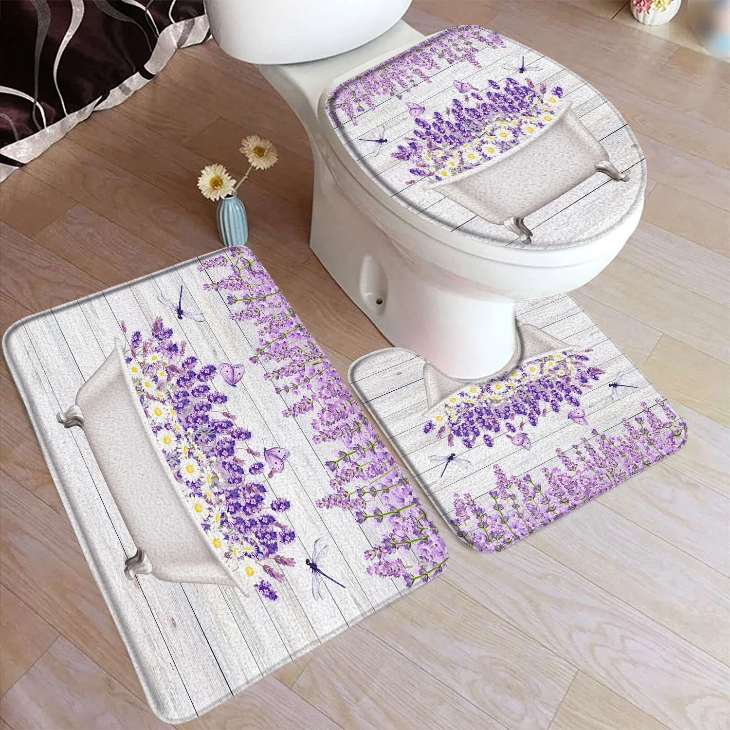 Purple Lavender Bath Mat Set Dragonfly Rustic Floral Plant Grey Wooden Board Home Bathroom Decor Floor Rugs U-Mats Toilet Cover