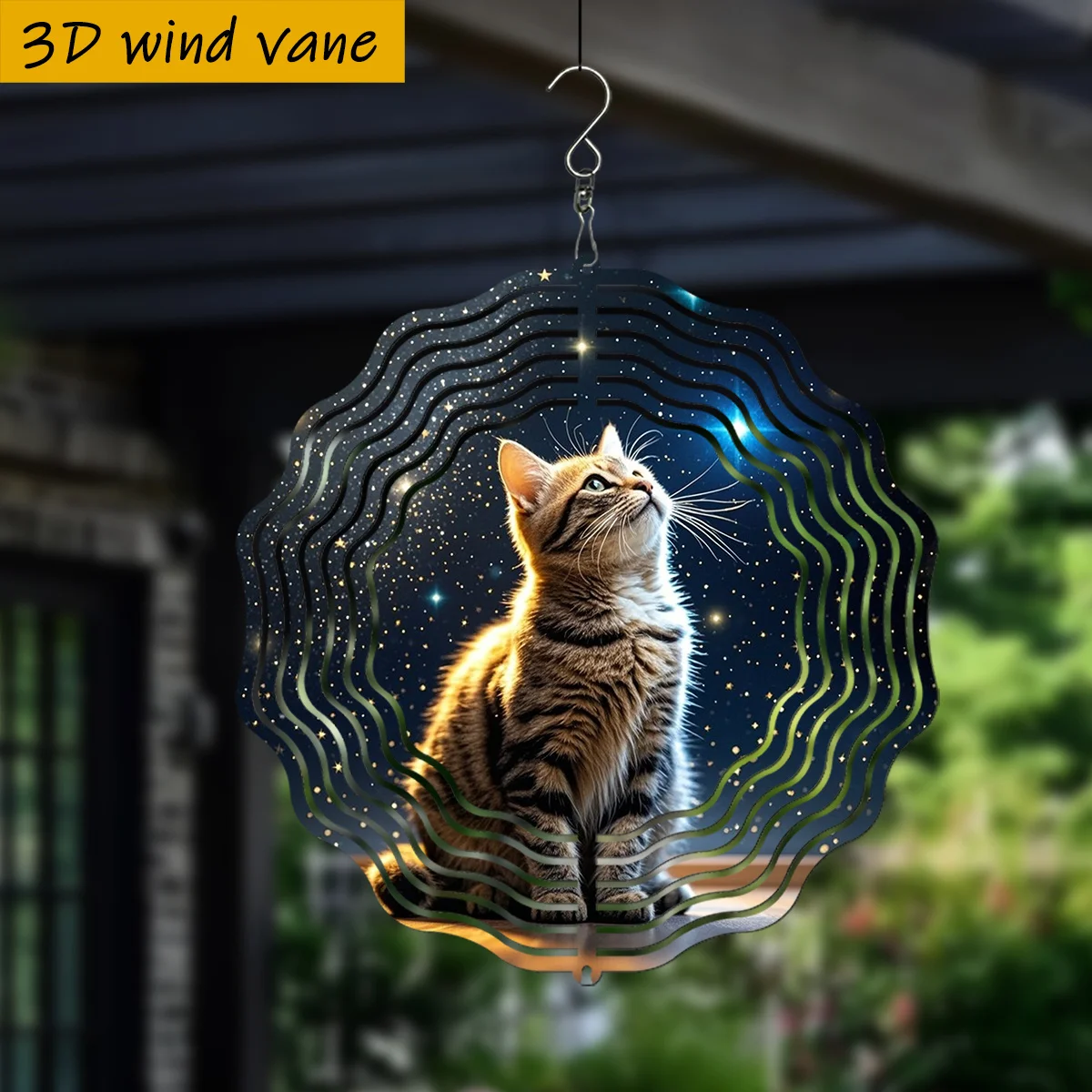 CIFbuy 3D Cat Gazing Starry Sky Metal Wind Chime 10 Inch Round Iron Hanging Ornament 360° Rotating Hook Indoor Outdoor Garden De