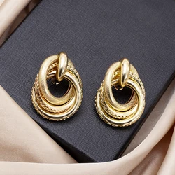 Fashion Silver And Gold Color Hollowed Metal Geometry Twisted Round Earrings For Women Vintage Style Personality Girls Jewelry