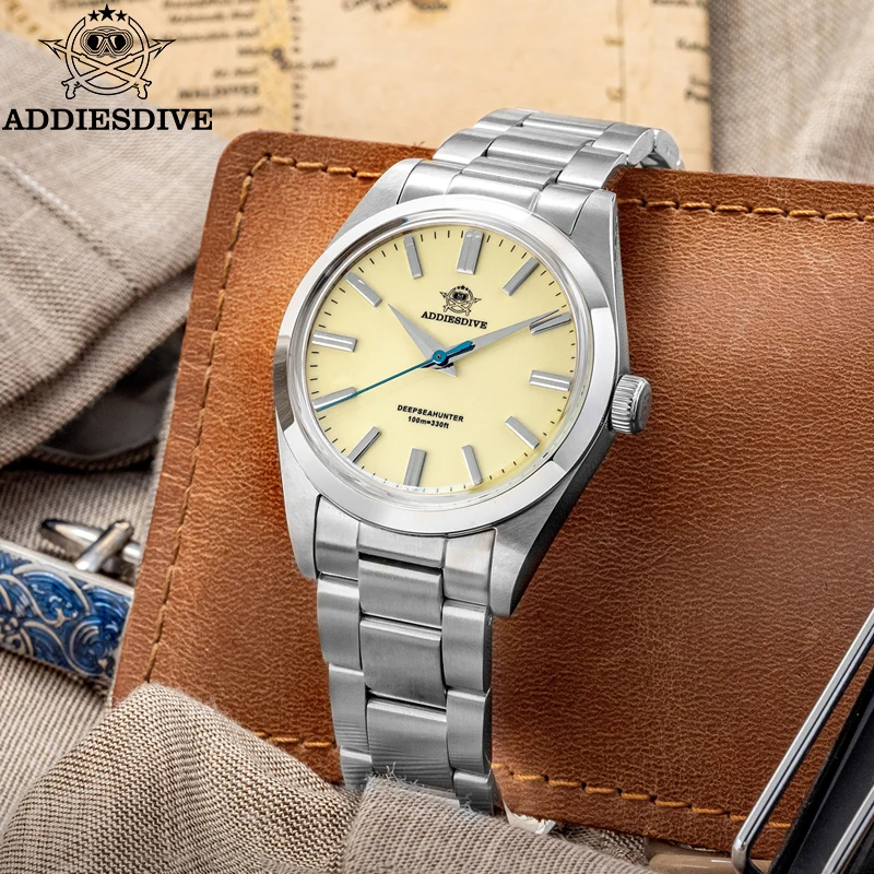 ADDIESDIVE Watch For Men Beige Dial Sapphire 36mm AR Coating Dome Glass 100m Waterproof Stainless Steel VH31 Dress Wristwatch