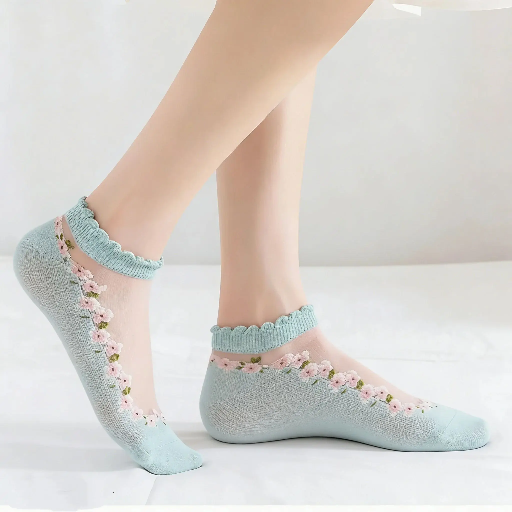 

1Pair Women's Japanese Style Cute Floral Glass Silk Short Socks Breathable Thin Spring Summer Boat Socks