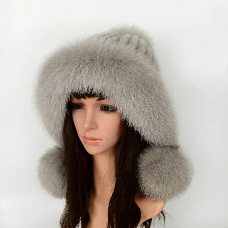 

Princess Style Real Mink Fur Beanie Hat with Fox Fur Ball Warm Ear Cap Protection Women's Winter Fashion Foreign Trade MF-101