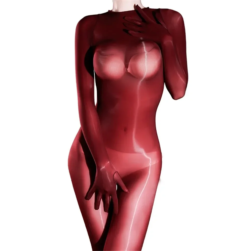 Fashion Women Glove Sleeve Full Bodysuit Open Crotch 5D Thin Elastic Tight Bottom Wear Sheer See Through Maid Leotard Cocoons
