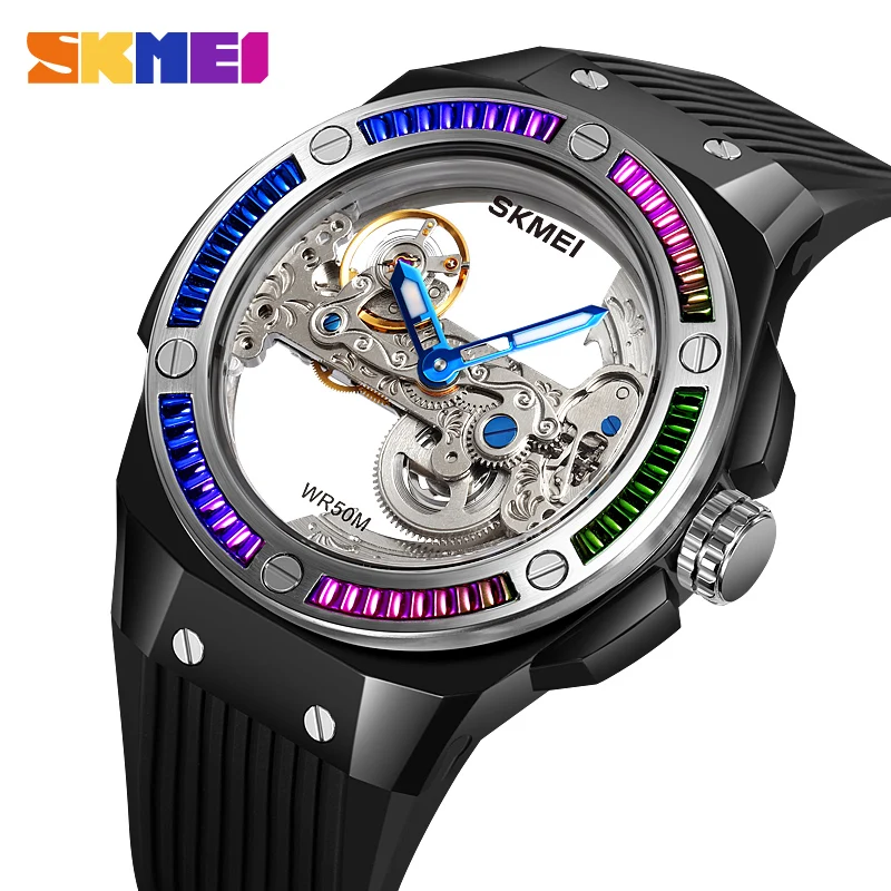 SKMEI Automatic Watch Skeleton Waterproof Wristwatch for Man Luxury Transparent Mechanical Watches Male Clock Silicone Strap