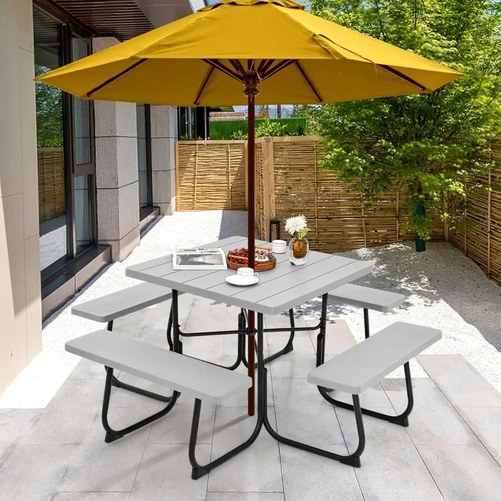 Outdoor Square Picnic Table with 4 Built-in Benches, Umbrella Hole, Metal Frame & HDPE Tabletop