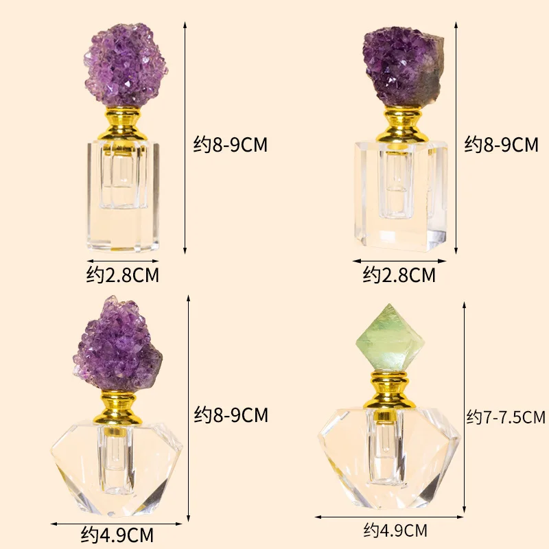 Bouteille d'huile essentielle en pierre de guérison, grappe d'améthyste en cristal naturel, flacon compte-gouttes de parfum vide et rechargeable, récipient cosmétique