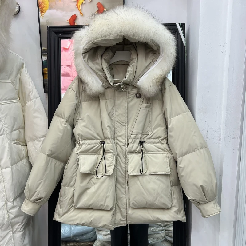 Women Hooded Down Jackets 2023 New Fall Winter Faux Fur Collar Solid Color Drawstring Thick Warm Outerwear Office Lady Wear