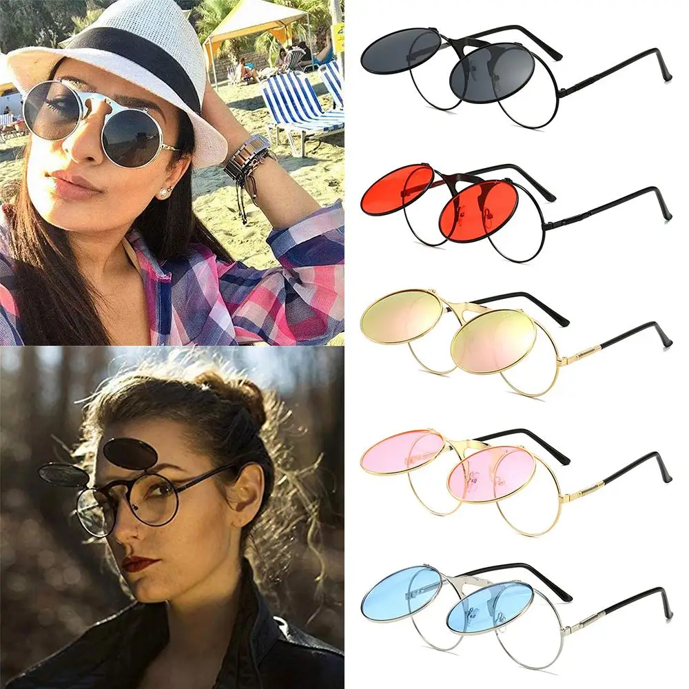 Round Flip Up Sunglasses Trendy UV400 Protection Circle Steampunk Sun Glasses Costume Glasses for Women & Men