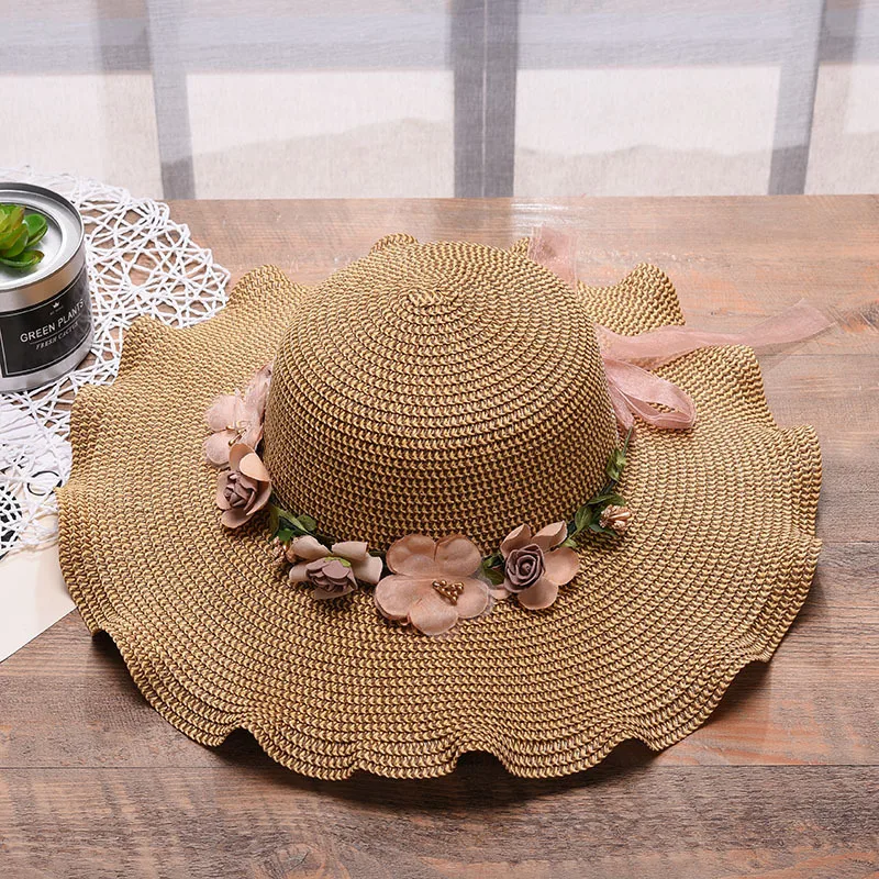 Fashion Flat-topped Straw Wide Brim Hat Girls Outdoor Big Wave Flower Sun Hats Lightweight Women Beach Caps Q58