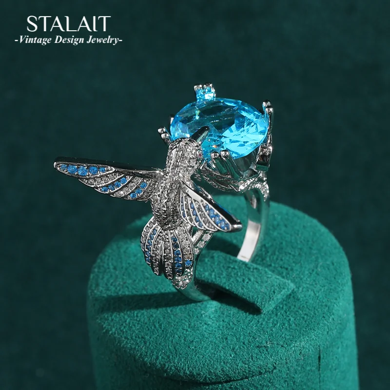 

Vintage Blue Cubic Zirconia Eagle Rings High Quality Rhinestones Adjustable Luxury Designer Accessories Woman Jewelry Wedding