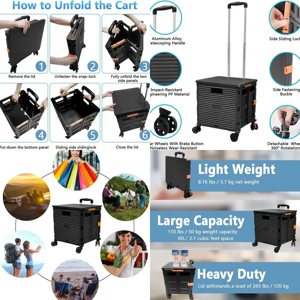 

Foldable Utility Cart with Portable Rolling Crate, Telescoping Handle, and 4 Rotating Wheels for Travel, Shopping, and Office Us
