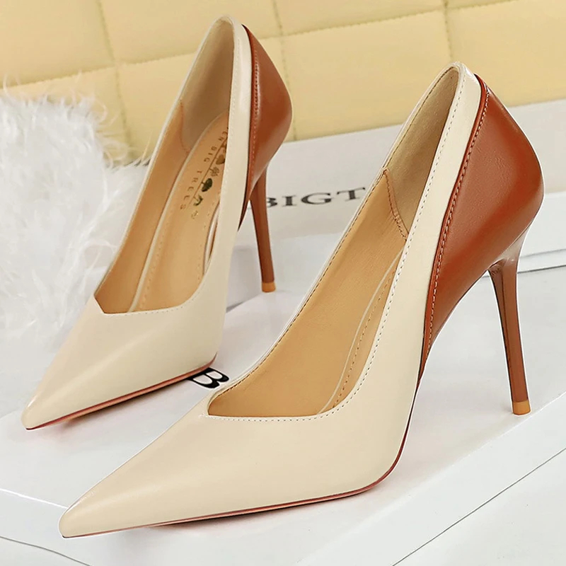 Shoes Color Blocking Women Pumps Pointed Tip High Heels Sexy Party Shoes Stilettos Heels Women Shoes Large Size 42 - 43