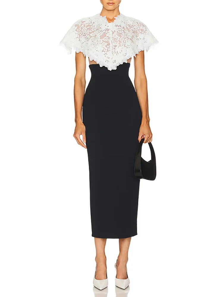 Sexy Straps Patchwork Long Dress With Lace Smock Women Spliced Lace Hit Color Sleeveless Slim Dresses Elegant Evening Party Gown