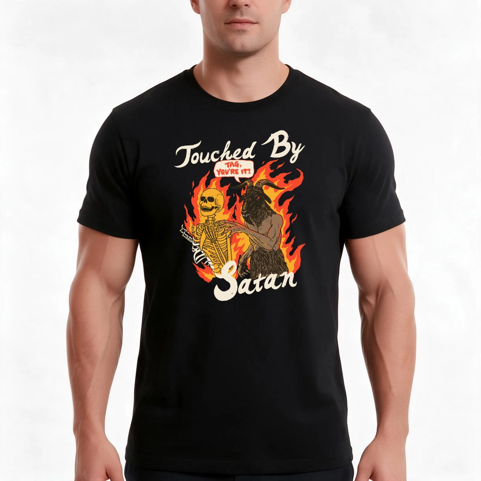 Touched By Satan T-Shirt, Summer Casual Cotton Tee, Oversized Streetwear Tops, Vintage Graphic Print, Loose Fit Short Sleeve