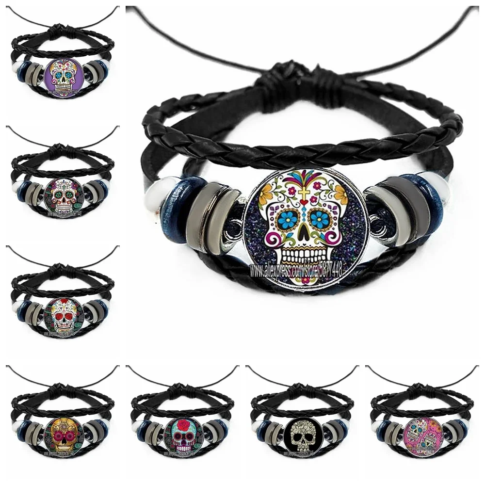 אופנה סוכר גולגולת זכוכית עור צמידי שלד ופרח רב שכבות שחור פאנק שחור צמידי יוניסקס