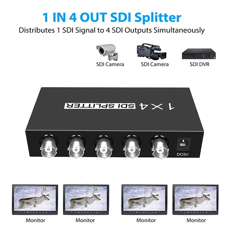 HD 1 IN 4 OUT SDI Splitter Extender Adapter Support HD-SDI, SD-SDI and 3G-SDI Signal for Projector Monitor SDI Camera