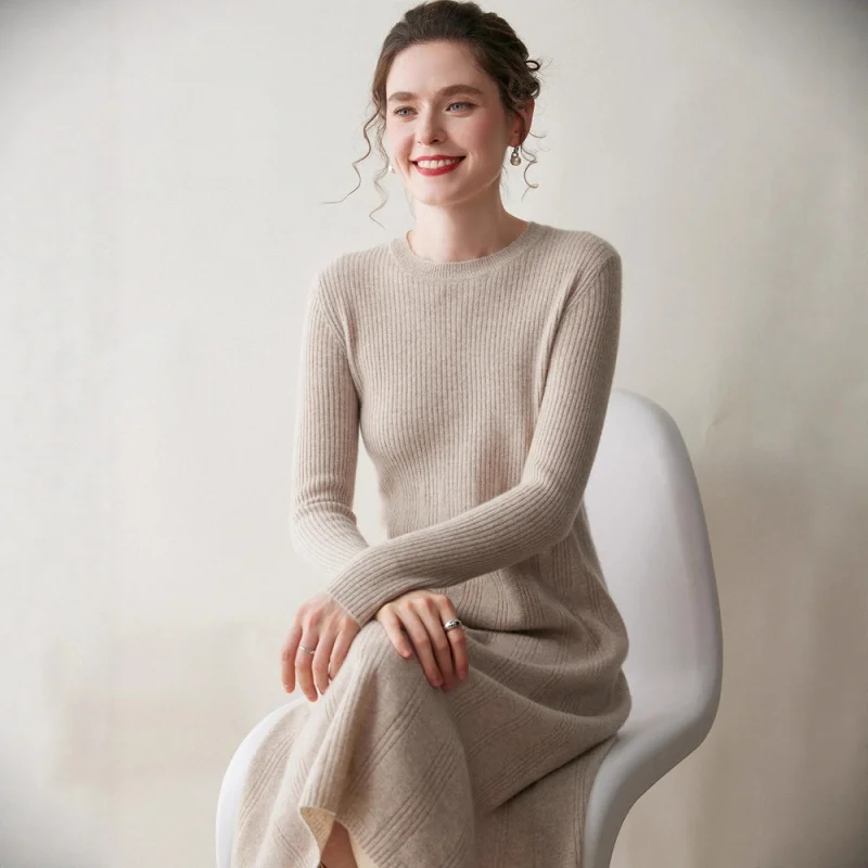 

Autumn Winter Women'S Knitted Dress Long Dress Long Sweater Over--Knee Long Sleeve Base Dress Round Neck Cashmere