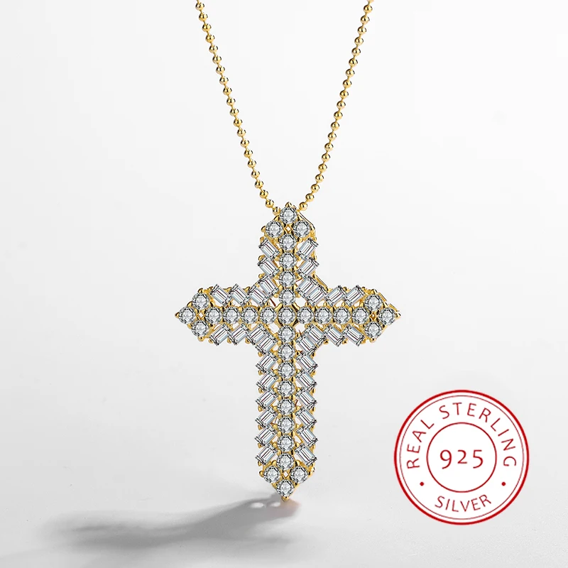 

Personalized and Fashionable Authentic S925 Silver 14K Gold Bead Chain Cross Pendant Necklace with Versatile Temperament