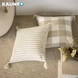KAUNFO Wild Cushion Cover Polyester Fabric Pillowcase Solid Color Striped Plaid Tassel Custom For Bedroom Living Room