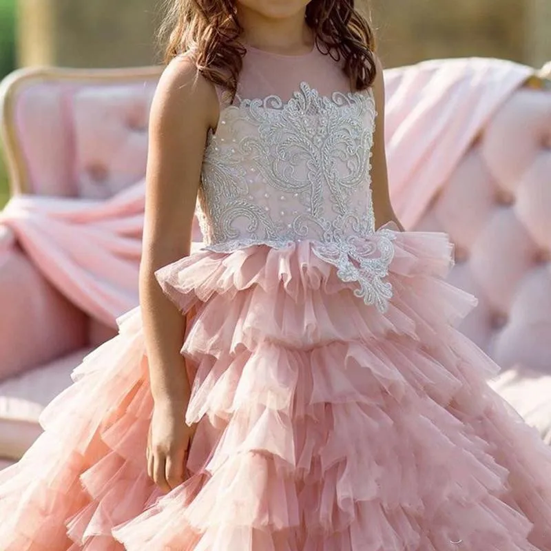 Princess Pink Flower Girl Dresses with Lace Appliques Layered Sweep Train Pageant Kids Toddler Party Dress for Junior Wedding