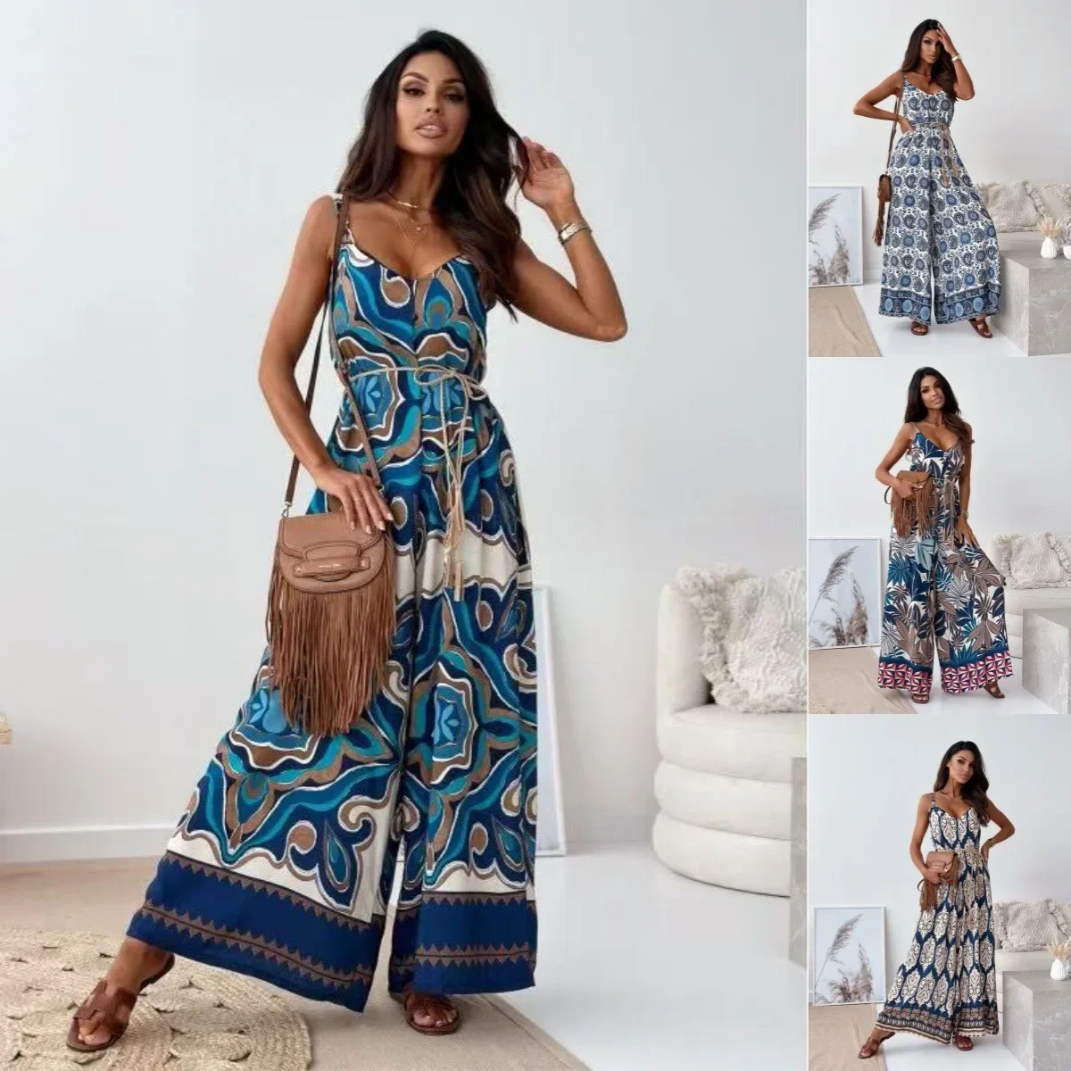 

Fashion Elegant V-neck High Waist Jumpsuit Women's Pattern Print Loose Long Romper Causal Sleeveless Wide Leg Playsuit Women