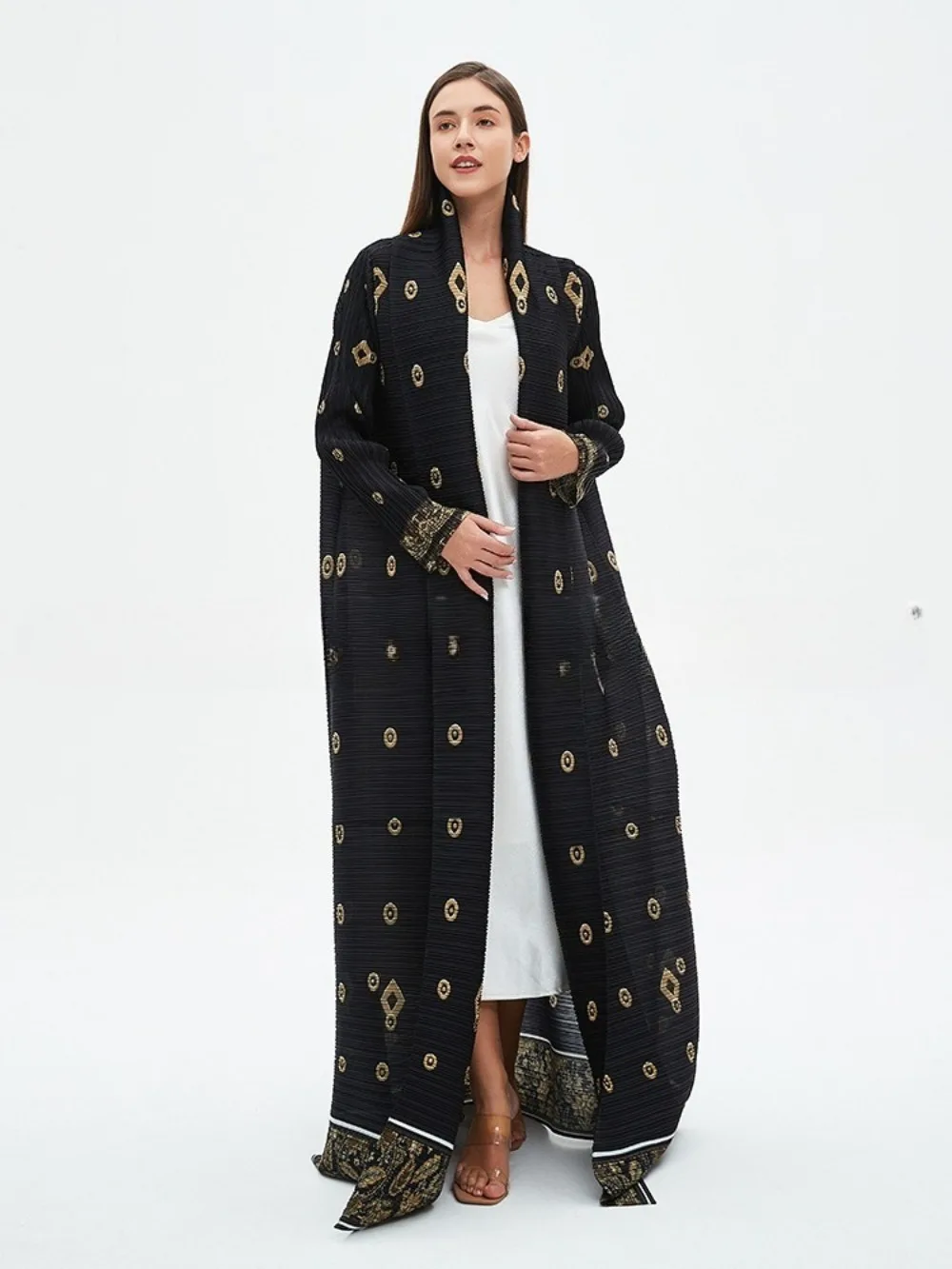 

Miyake Pleated Muslim Women Abaya Vintage Printed Long Sleeve Trench Cardigan Dress 2025 Original Designer Caftan Long Coats