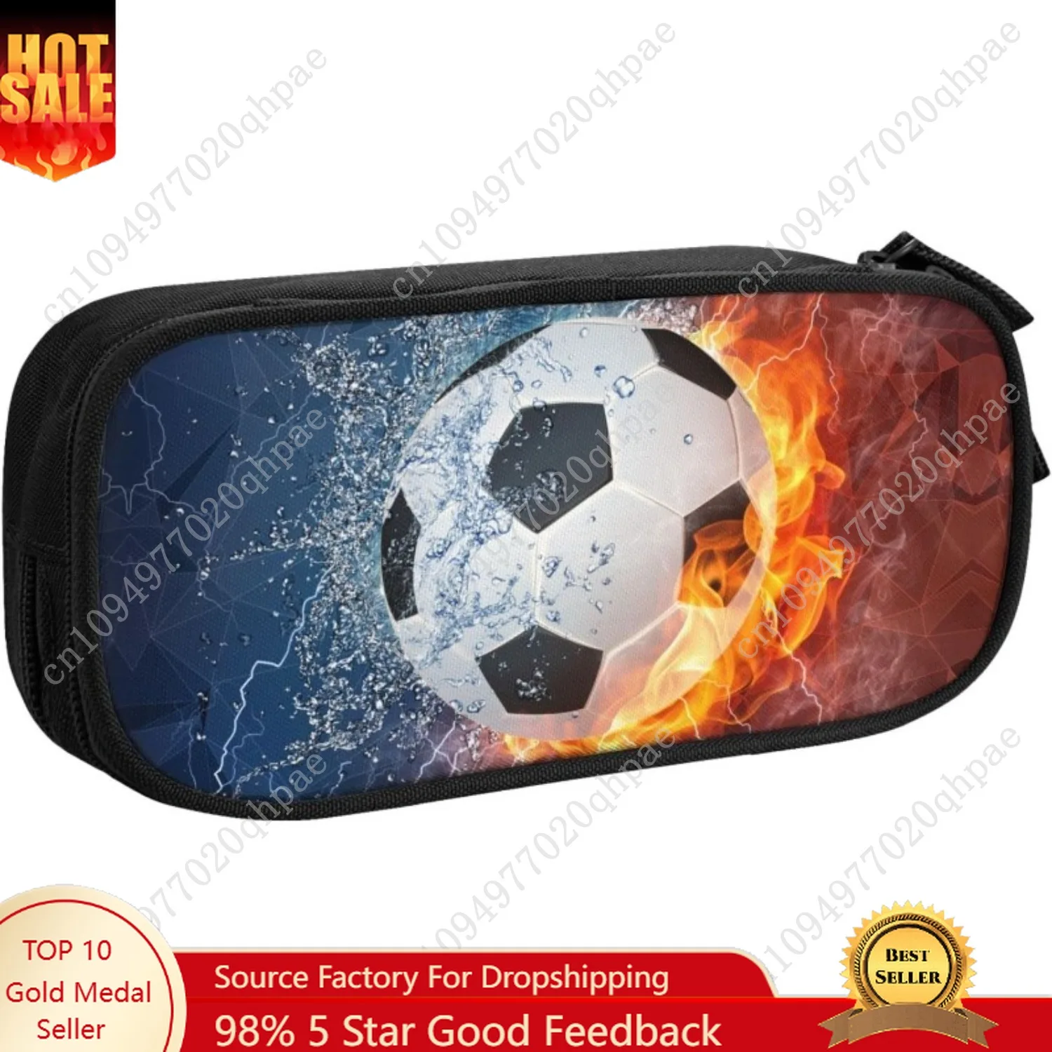 

Boys Pencil Case with Soccer Printed, Cool Fire & Water Portable Pen Bag Pouch with Zipper for Teens Stationary Supplies, Small