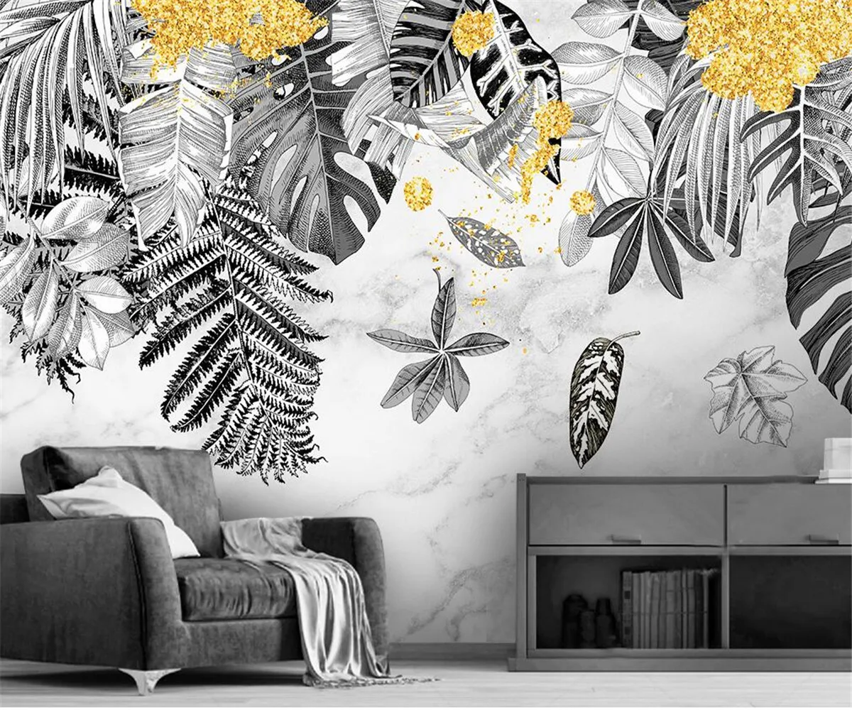 

Custom leaf Wallpaper photo tropical rainforest plant leaves black and white background walls Mural home decoration 3d Wallpaper