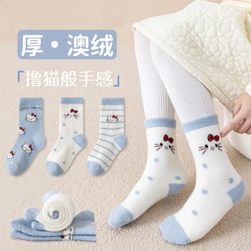 

3 Pairs Kawaii Sanrio KT Cat Plush Socks Warm Autumn Winter Velvet Thickened Soft Floor Socks Cartoon Anime Women's Tube Socks