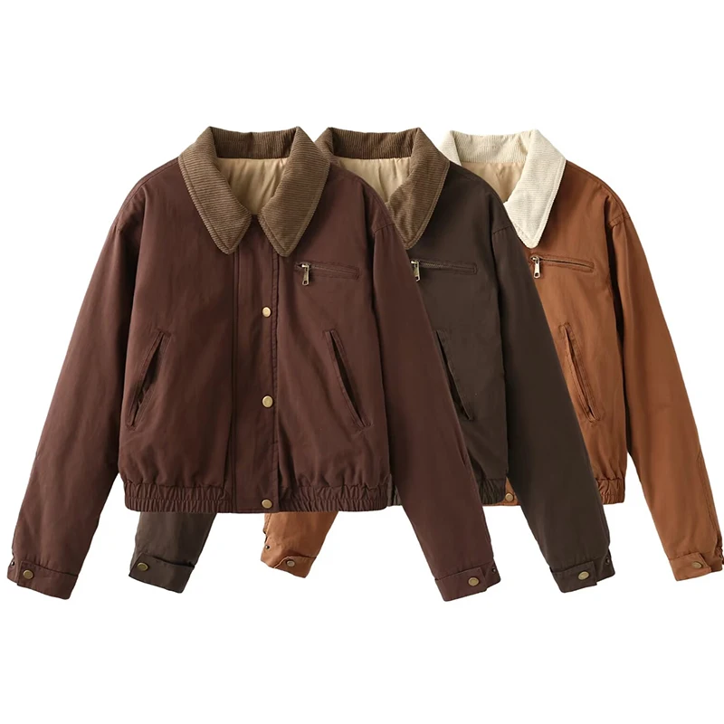 

Autumn New Vintage Cotton-padded Jacket Solid Simple Warm Coat Retro Long Sleeves Lady Streetwear High Street Zipper Cool Tops