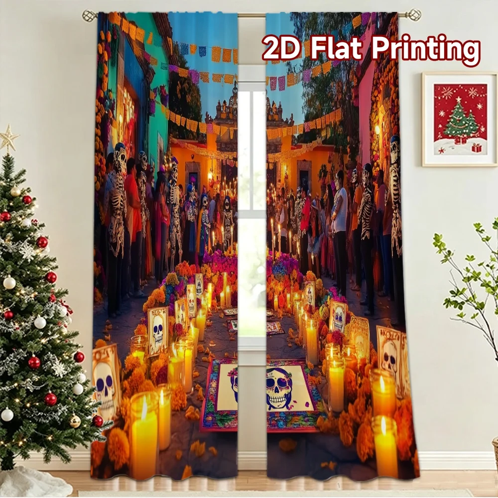 2D flat 2pcs Curtain Retro Country Style Day of the Dead Altar Digitally printed polyester, colorfast Holiday Decorations Use