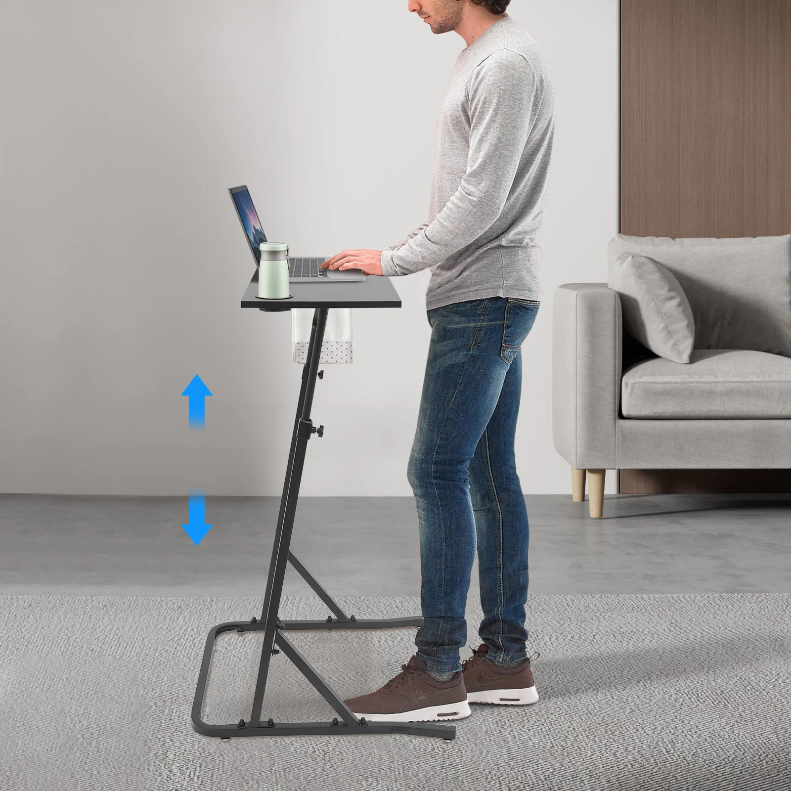 Adjustable Bike Trainer Desk, Standing/Sitting Office Desk with Cup Holder & Towel Rack for Fitness & Work view 4