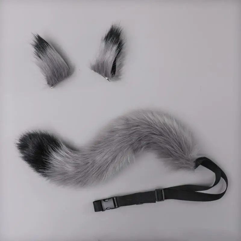 X4YC 3 Pieces Animal Roleplay Furry Set Puppy Ear Headwear Long Fur Wolf Tail Anime Gothic Accessory for Costume Party