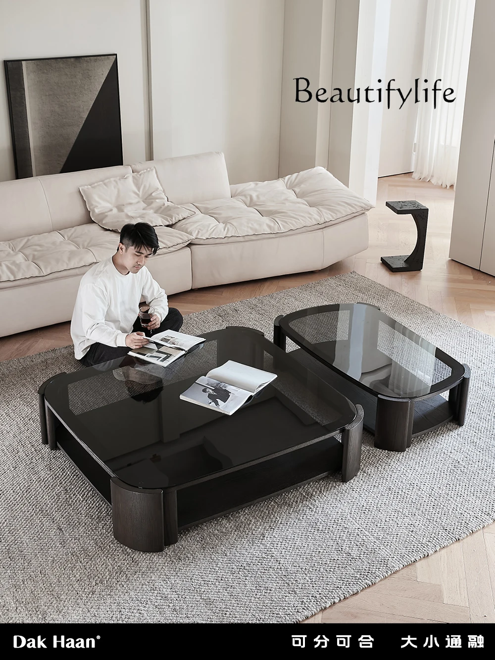 American Modern Minimalist Home Living Room Solid Wood Glass Tea Table Marble Shaped Retro Tea Table