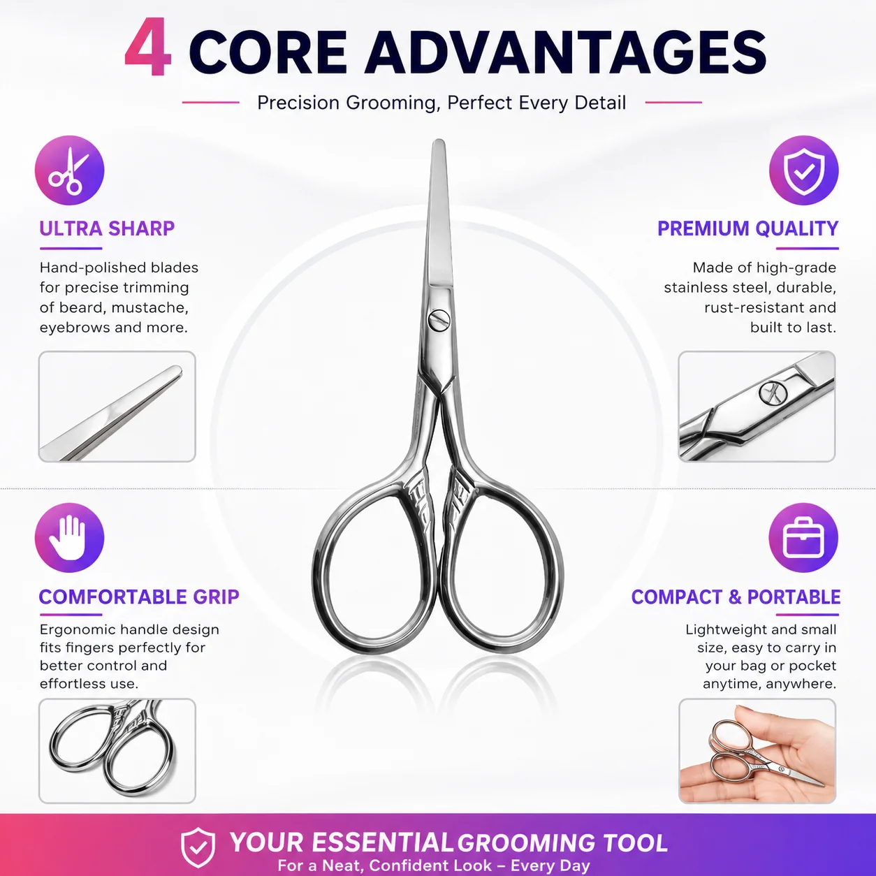 Professional Stainless Steel Beard Mustache Scissors Precision Grooming Trimming Shears for Beard Eyebrows Facial Hair Makeup Be