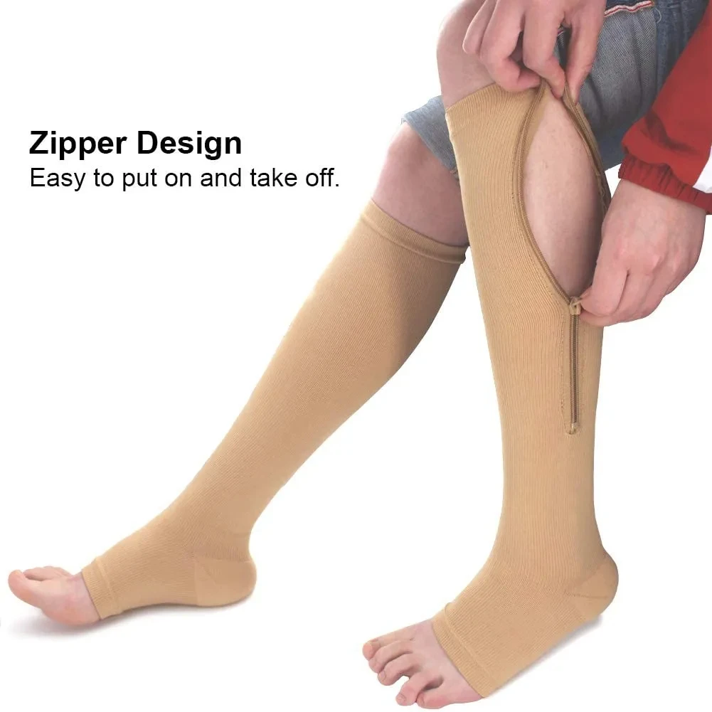 Unisex Compression Socks With Side Zipper Open Toe Tight Socks Knee Leg Support Medical Prevention Of Varicose Veins Muscle Pain