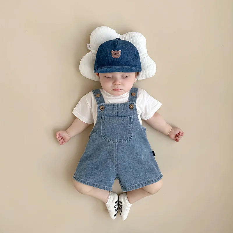 2025 Summer New Baby Overalls Set Infant Boy Girl Sleeveless Denim Strap Shorts + Letter Print T Shirt 2pcs Suit Toddler Outfits