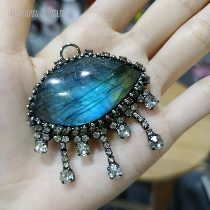 10Pcs Jewelry Vintage Wholesale Islam White Rhinestone Antique Silver Color Semi-precious Stone Labradorite Pendant