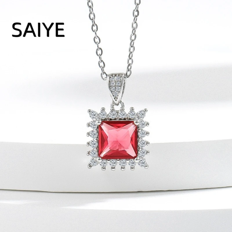 925 Sterling Silver Women 3Pcs Jewelry Set Square Cut Simulated Ruby Pendant Necklace Ring Earrings Halo CZ Crystal Jewelry Gift