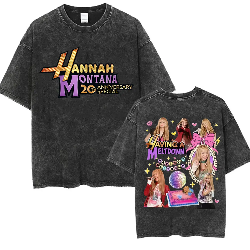 Miley Cyrus Hannah Montana Logo T Shirt Men Women Summer Casual Vintage Washed T Shirts Unisex Fashion Aesthetic Hip Hop T-shirt