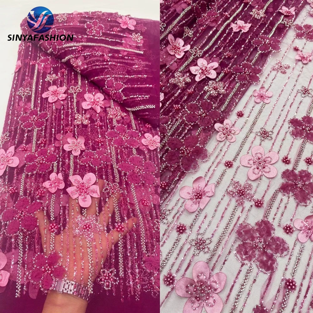 

Sinya African Nigerian 3D Lace Fabrics 2024 High Quality French Sequins Pearls Luxury Beaded Lace Fabric Weddig Bridal Dress