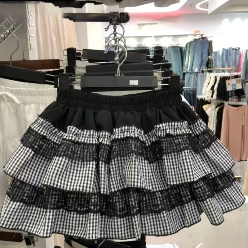 여름 미니 스커트 여성 의류 스위트 주프 패치워크 레이스 라인 스커트 2025 팔다스 무헤르 데 모다 하이 웨이스트 체크 귀여운 스커트