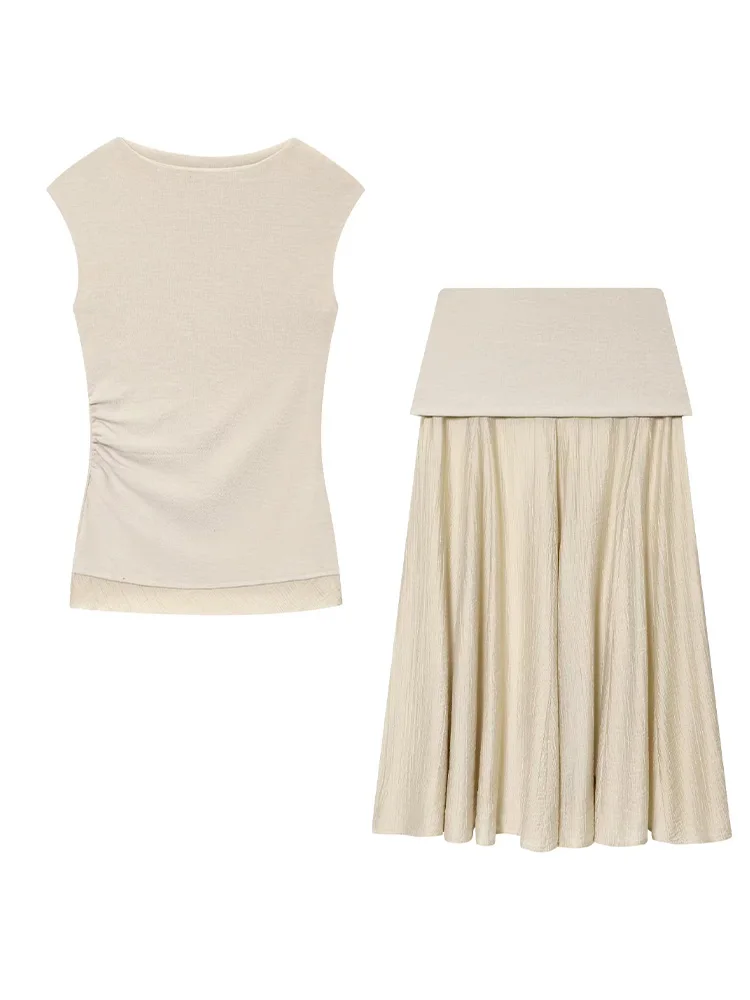 

HH Женская однотонная юбка-миди с круглым вырезом без рукавов с разрезом по бокам, плиссированный топ с украшением + повседневная мягкая длинная юбка трапециевидной формы с высокой талией